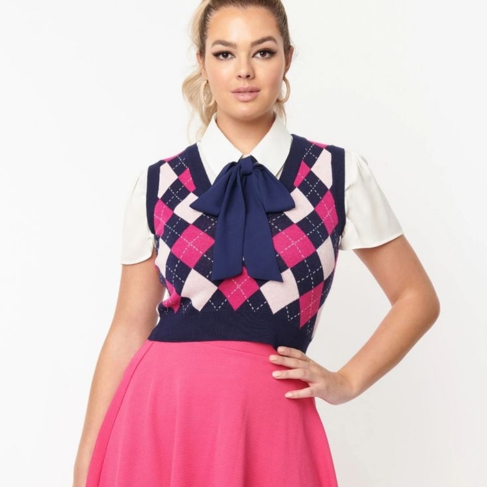 Navy & Pink Argyle Chandler Crop Sweater Vest 